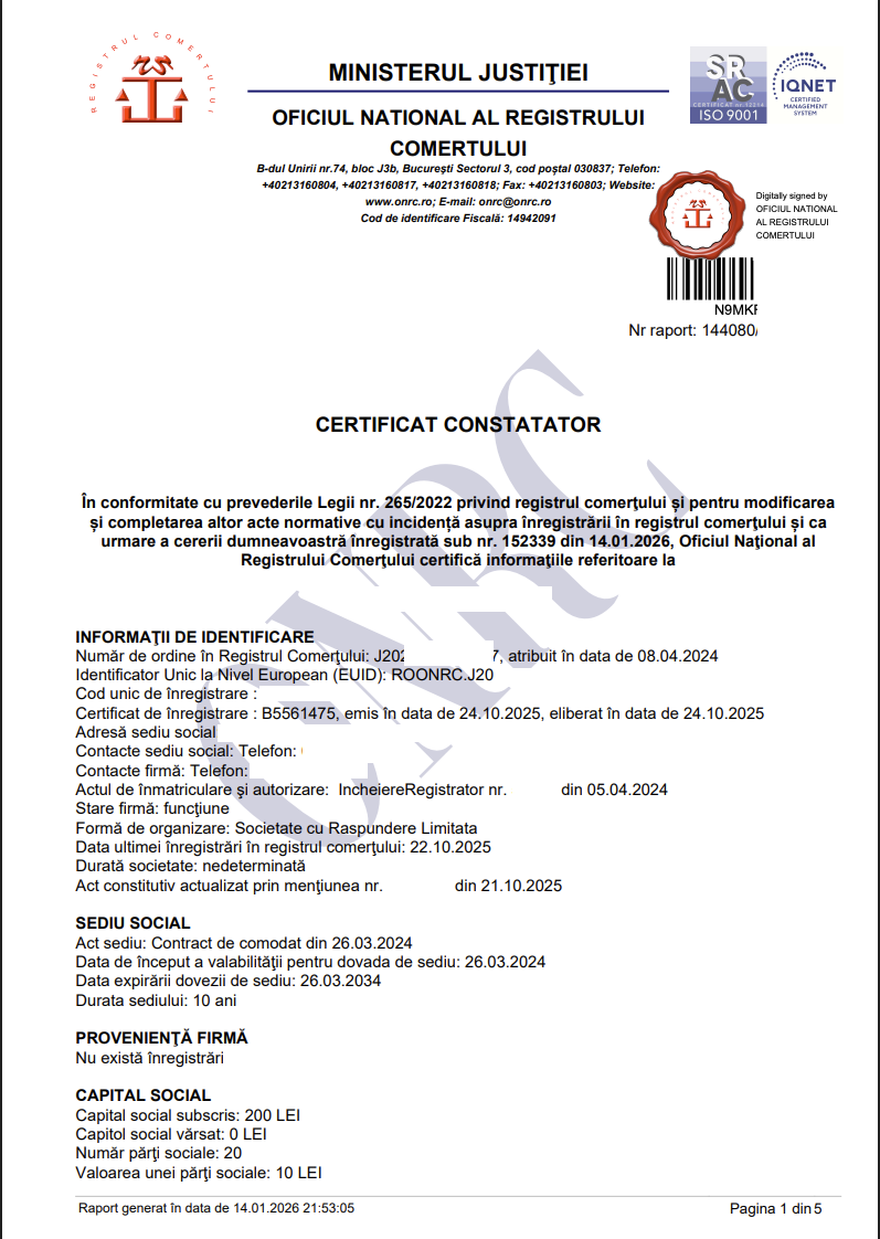 Certificat Constatator ONRC - Specimen Exemplu Certificat Constatator ONRC - Document oficial emis de Registrul Comerțului